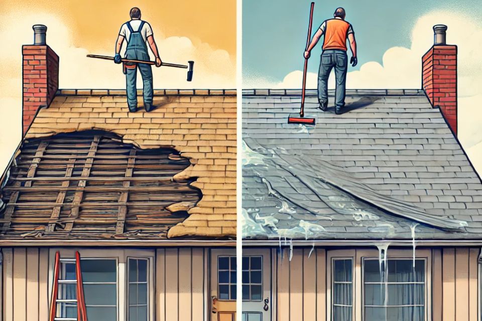 Dall·e 2024 08 26 13.23.26   a split image showing one side of a roof in good condition with a roofer performing minor repairs  and the other side of a roof in poor condition with