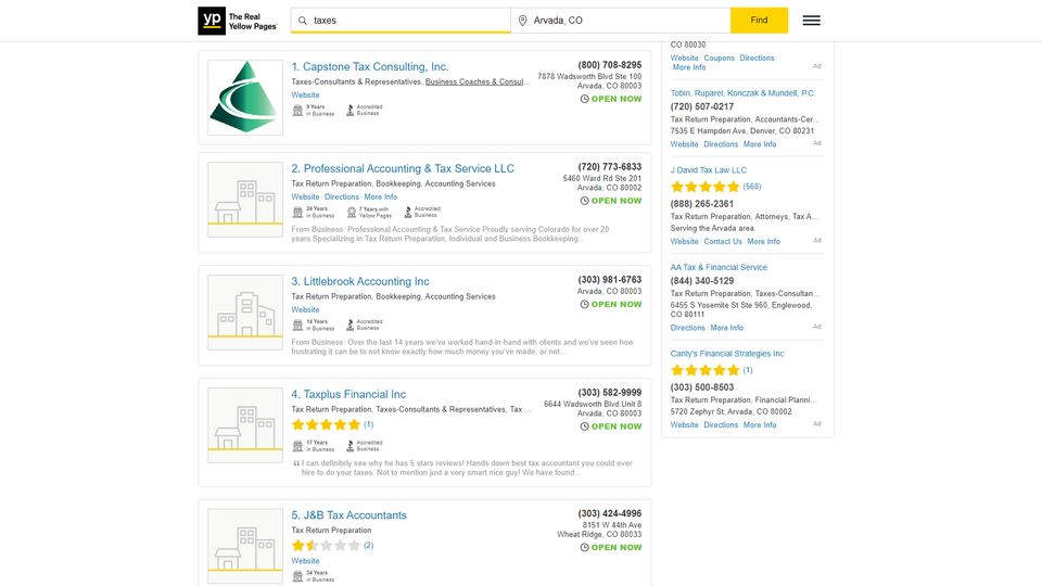 Yellow pages screenshot