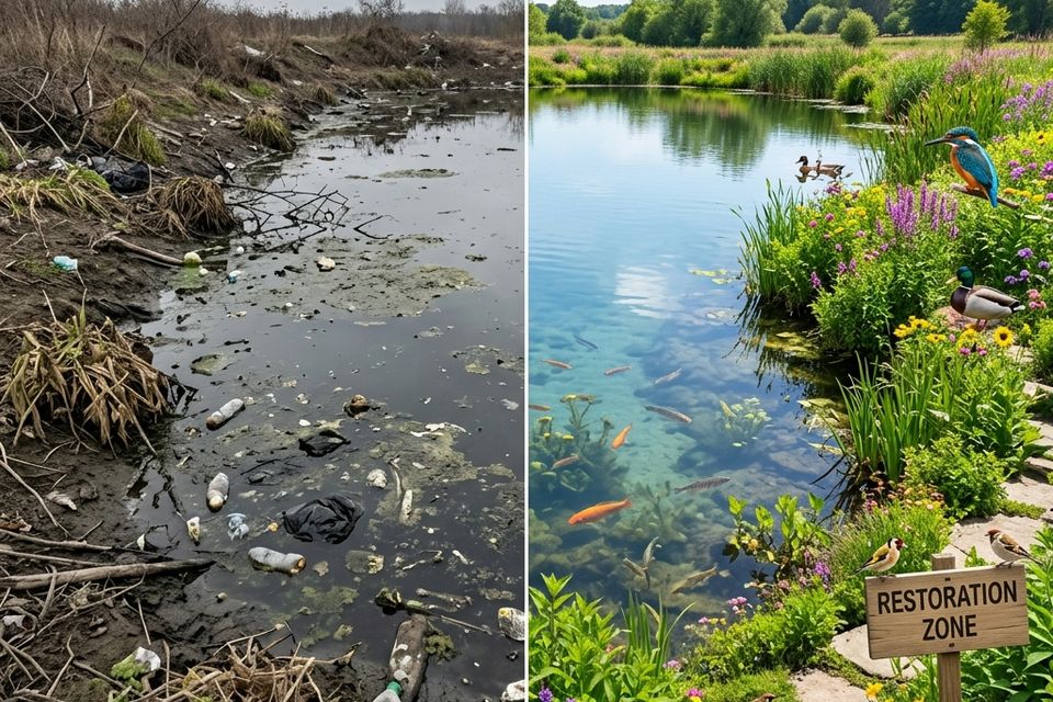 Pond before and after