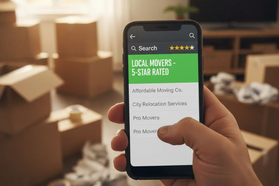 First-person view of a hand holding a smartphone searching for 'Local Movers' with 5-star ratings visible.