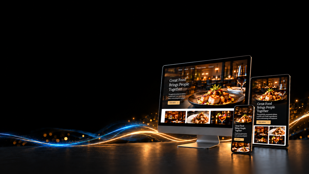Restaurant website design displayed on a desktop, tablet, and phone