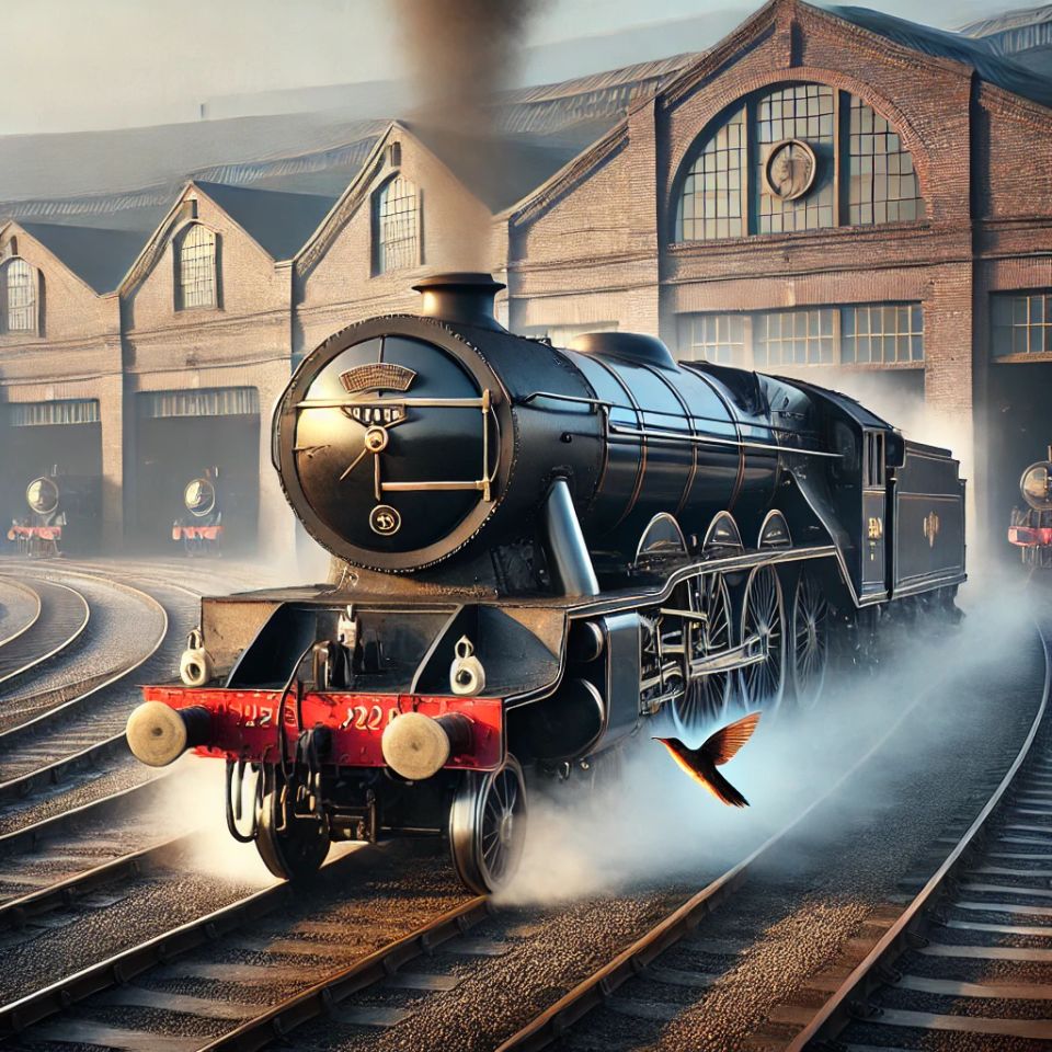 Dall·e 2025 03 17 16.01.08   a classic steam locomotive named 'hummingbird' with vintage detailing  black and brass colors  and a sleek  streamlined design  emerging from a large 