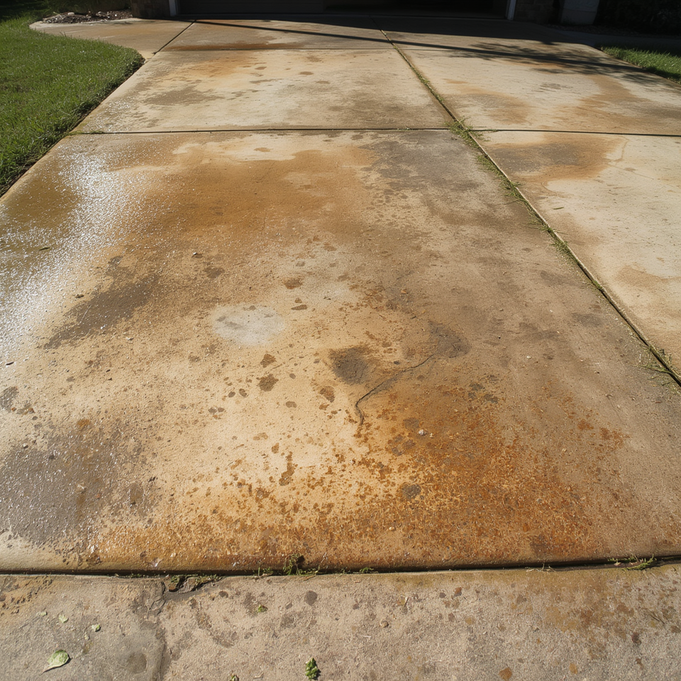 Dirty driveway in need of power wash  stained concrete with dirt  grime  oil spots  mildew  and weathered appearance