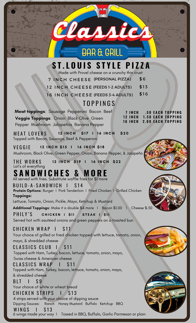 New classics menu pizza