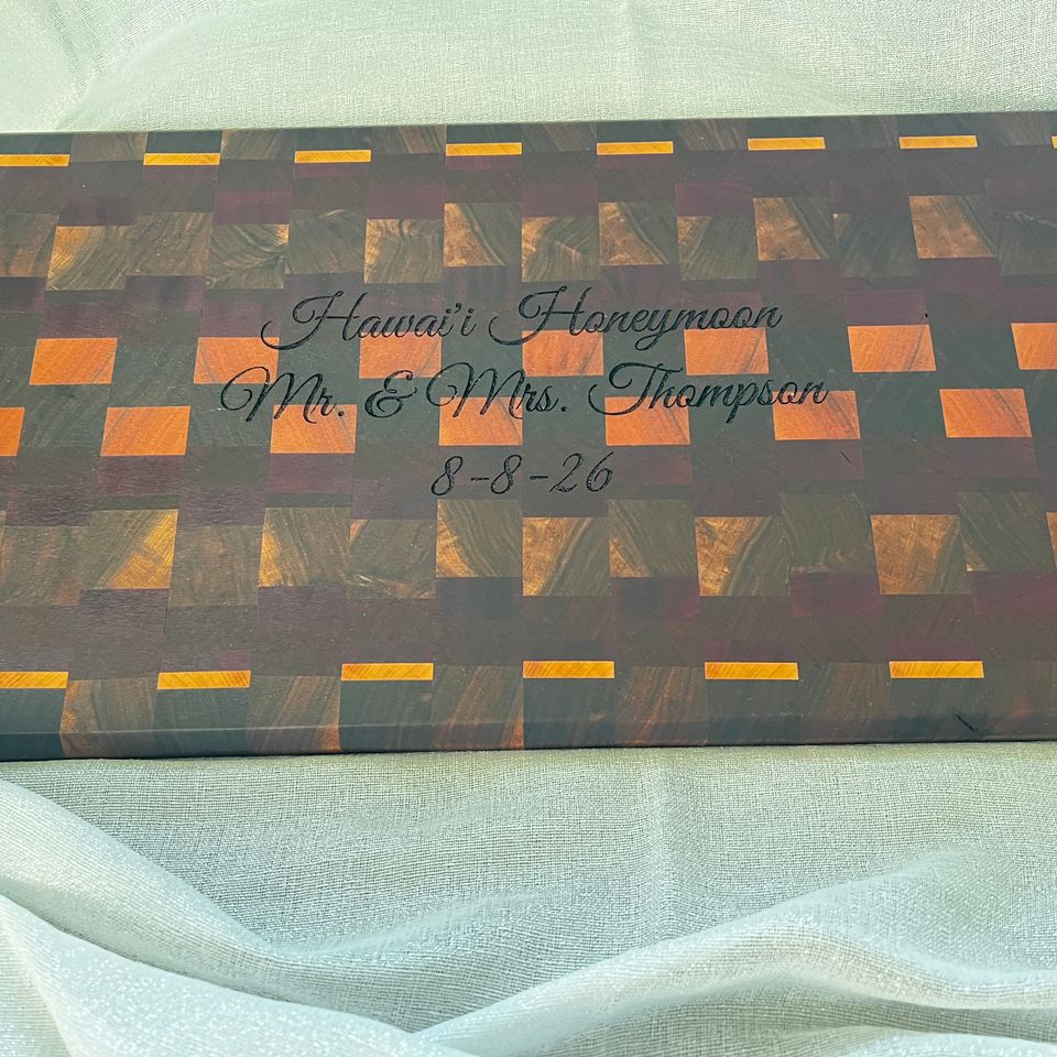 Multi wood large end grain board with honeymoon engraving