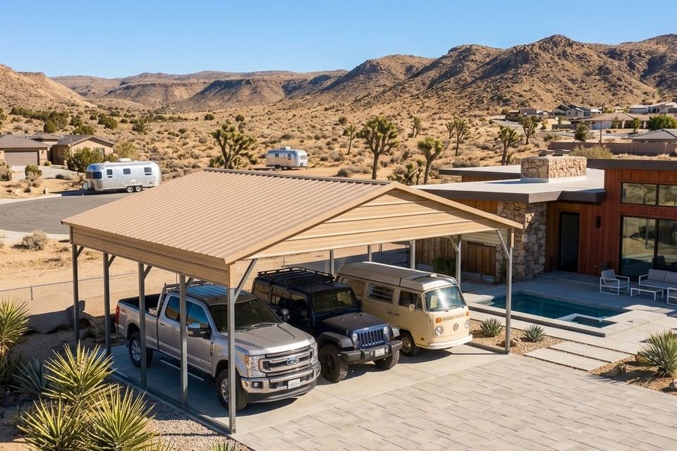 Tan metal carport covering a truck, Jeep and van beside a modern home in Knoxville TN