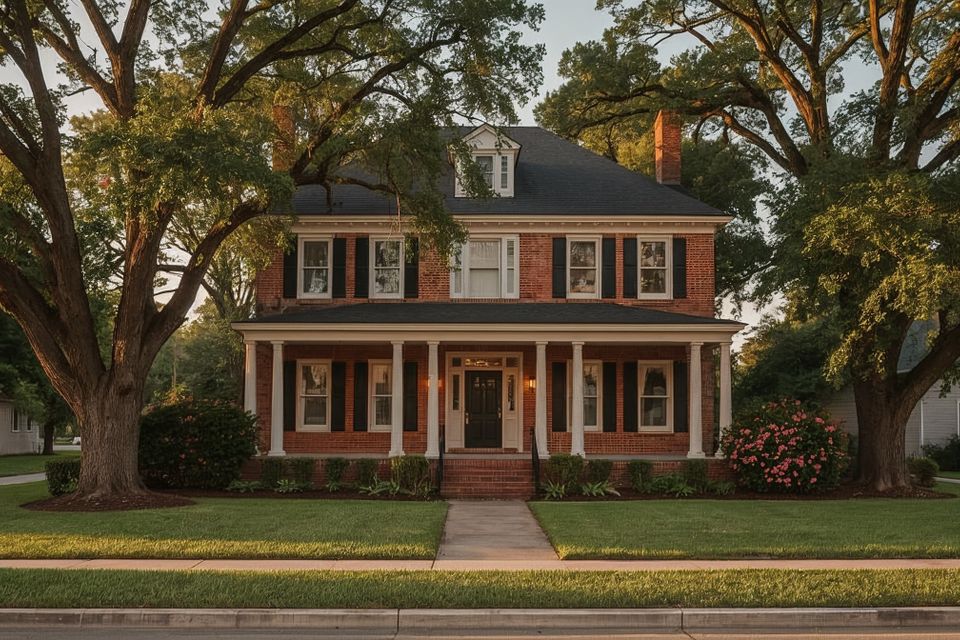Lucid realism photorealistic exterior photo of a two story red brick southern style home with  3