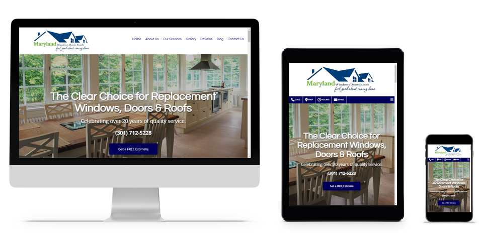 Maryland Windows Doors Roofs website in Frederick Maryland shown on desktop, tablet, and mobile featuring replacement windows, doors, and roofing services.