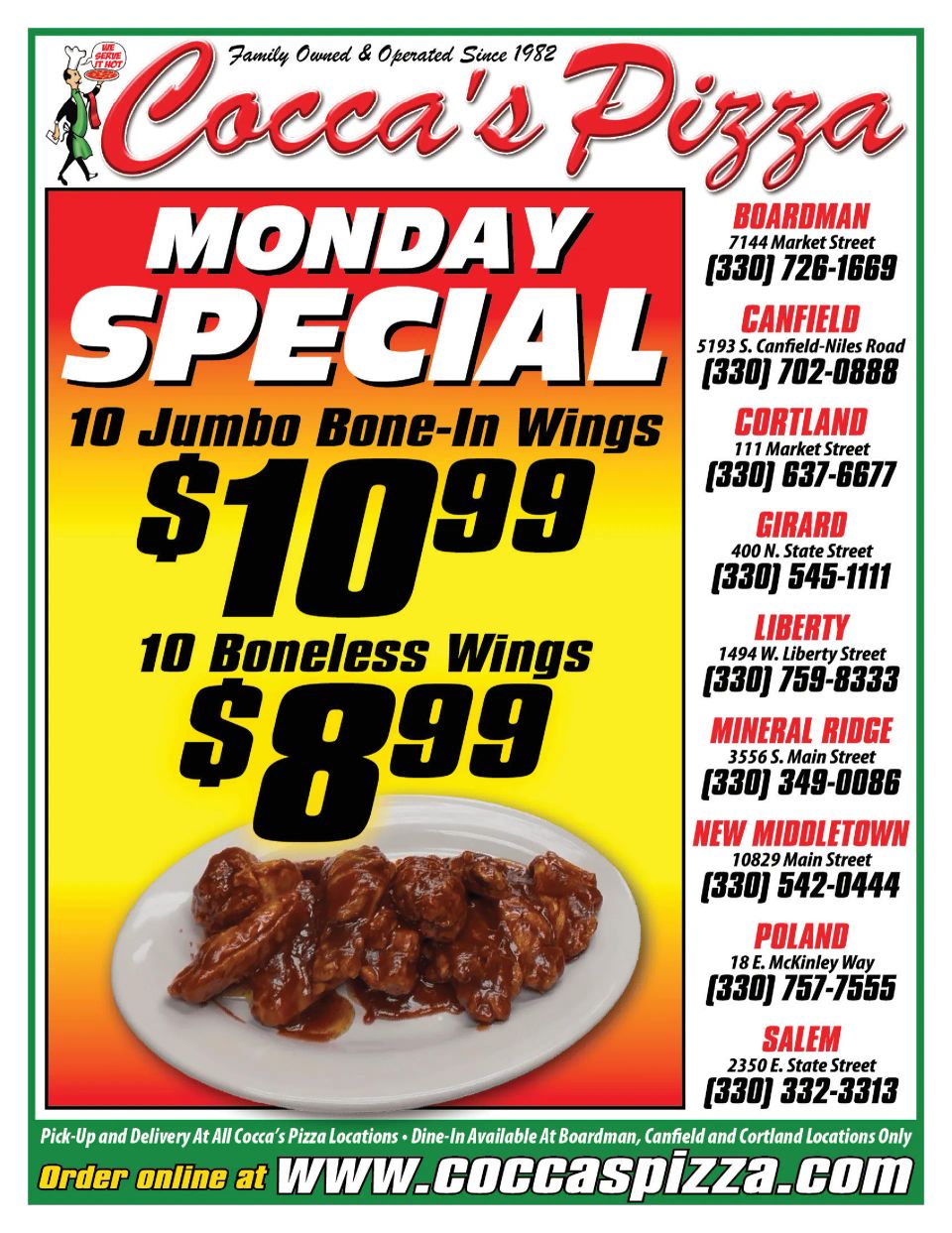 Monday special promotion with bone-in and boneless wing deals.