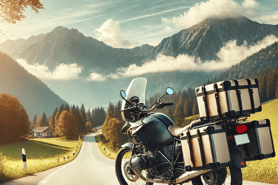 Dall·e 2024 09 15 06.33.27   a touring bike with saddlebags on a scenic road with hills and trees in the background  labeled touring bike package.png
