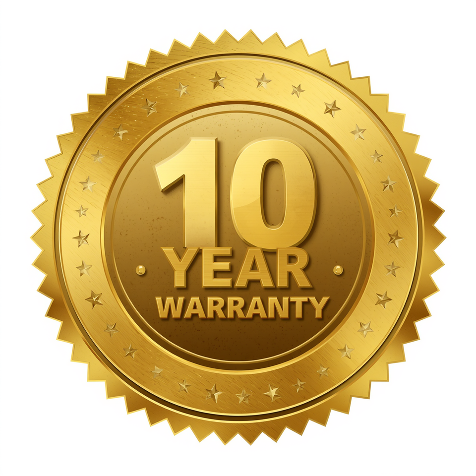10 year warranty badge in gold circular or shield shaped warranty seal metallic gold finish 10 year warranty text professional quality guarantee badge design