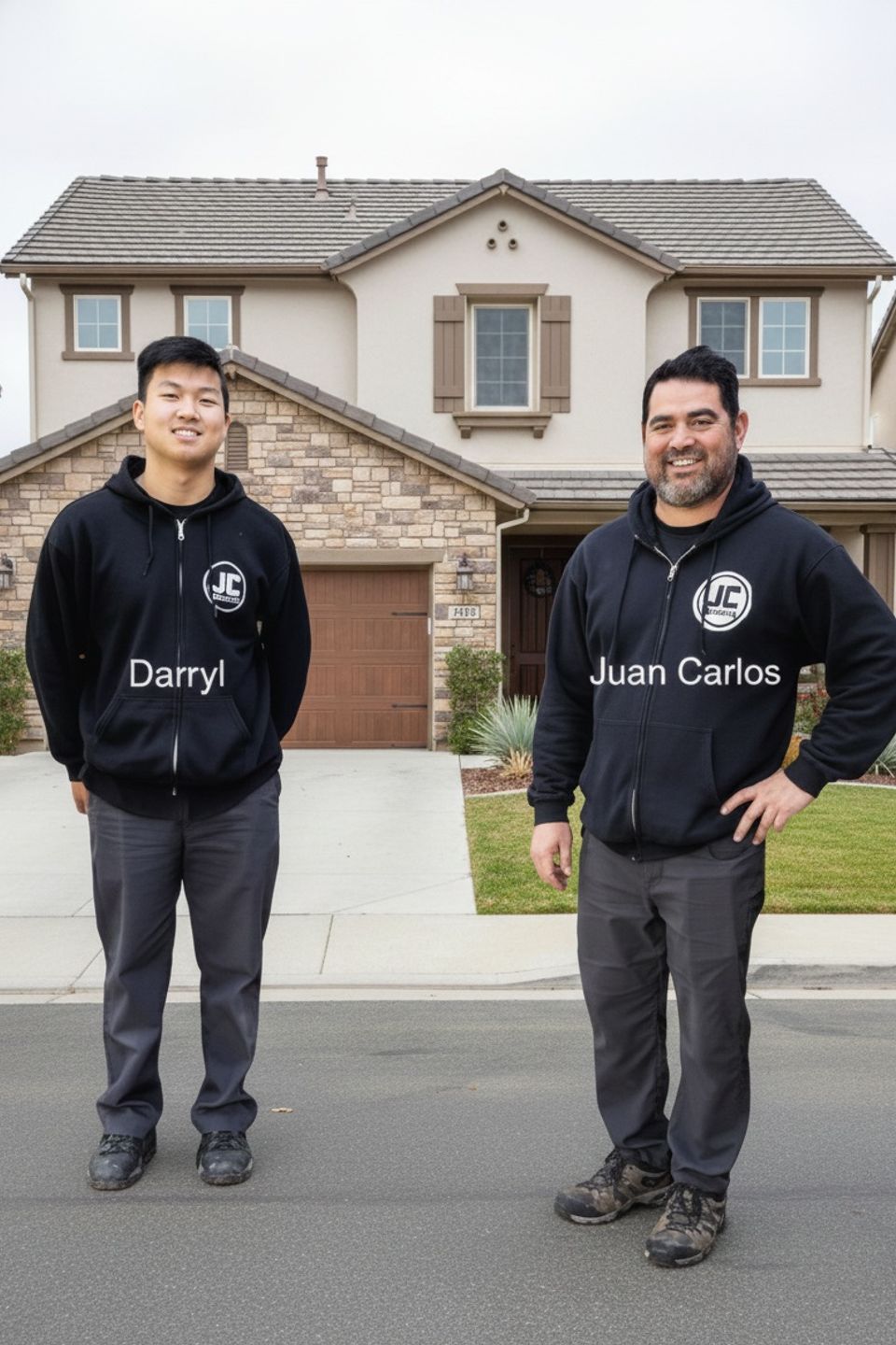 Professional photo of JC Electrical LLC owners, Darryl and Juan Carlos, wearing branded company hoodies in front of a residential home.