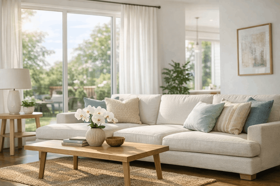 Residential window tinting installed in bright Sugar Land living room to reduce heat and glare while preserving natural light