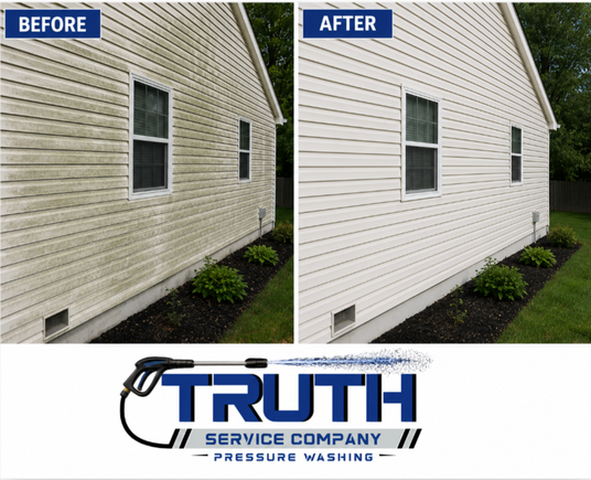 Before and after photos of a house exterior showing the results of pressure washing.