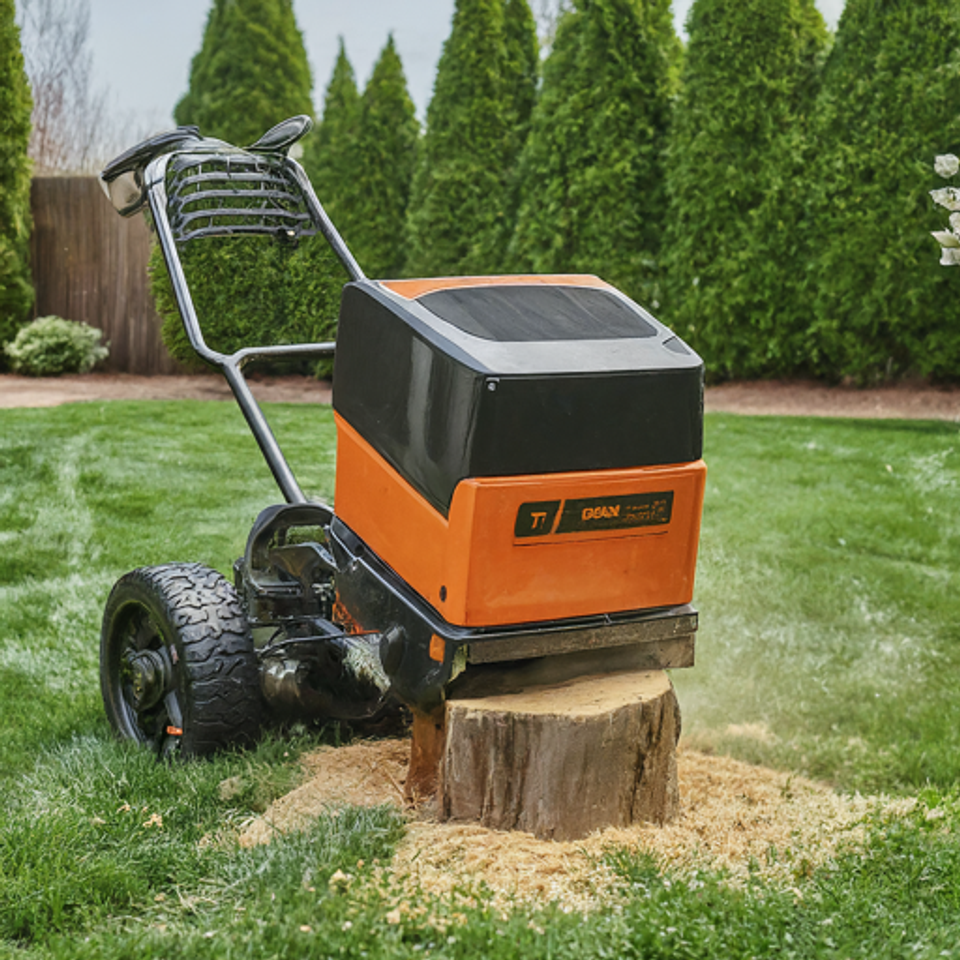 High-performance hydraulic stump grinder machine for complete subterranean root removal – Bud’s Tri-County Tree Services Inc. – Licensed #785788