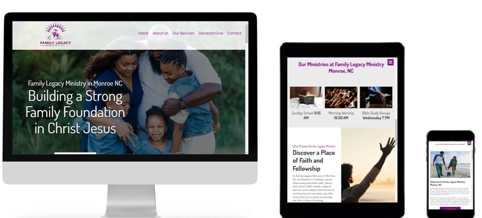 Family Legacy Ministry website in Monroe North Carolina displayed on desktop, tablet, and mobile promoting Christian family growth and faith-centered programs.