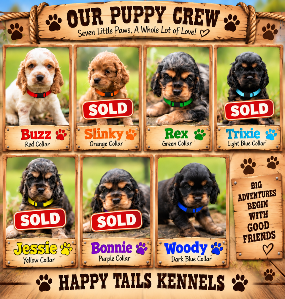 Four sold puppies in a framed collage