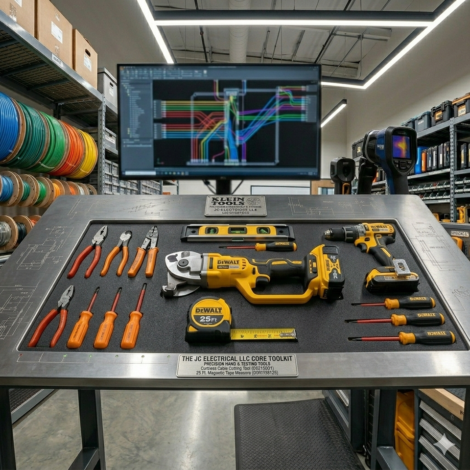 A square image of an organized tool station at JC Electrical LLC featuring a Dewalt cordless cable cutter, magnetic tape measure, and precision levels against a background of electrical CAD schematics.