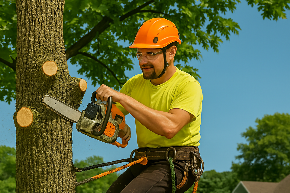 Certified arborist trimming large tree branches in a residential yard – professional tree removal and pruning services
