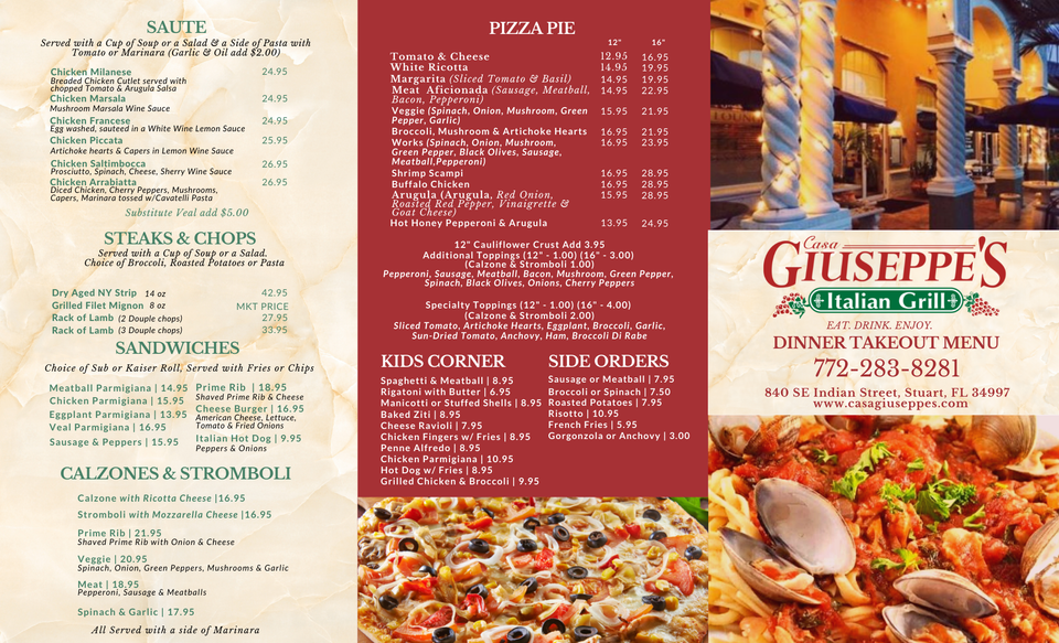 New price   casa giuseppe's  dinner takeout menu front
