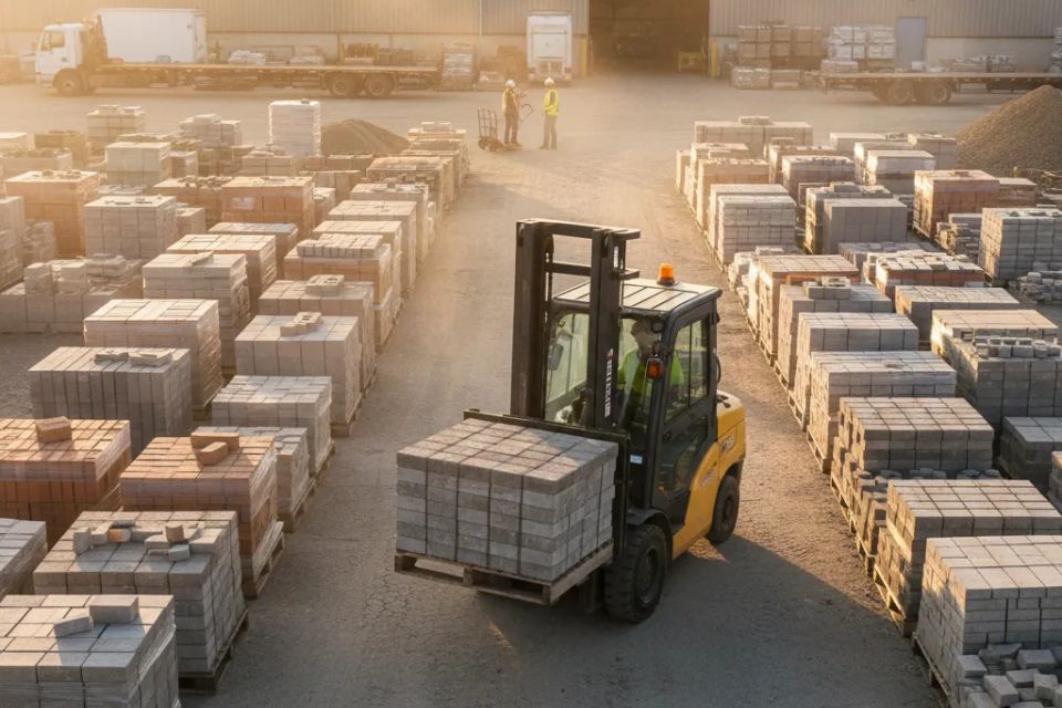 Forklift moving pallet of concrete pavers in fully stocked masonry supply yard