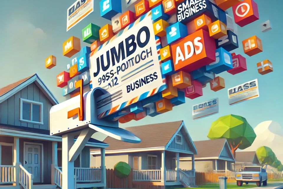 Dall·e 2025 04 19 13.33.35   a bold  modern  low polygon 3d style image showing a jumbo 9x12 postcard flying into a suburban mailbox  with multiple small business ads displayed on