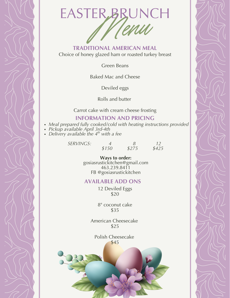 Easter Catering Menu from Gosia's Rustic Kitchen in Sheridan, IN