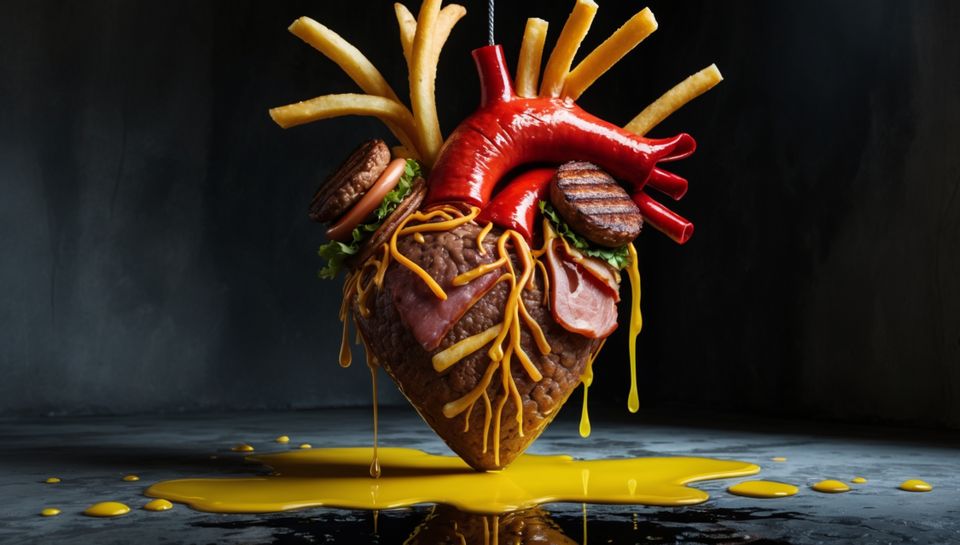 Photo.of.heart.with.fast.food.representing.high.cholesterol.and.importance.of.medical.care