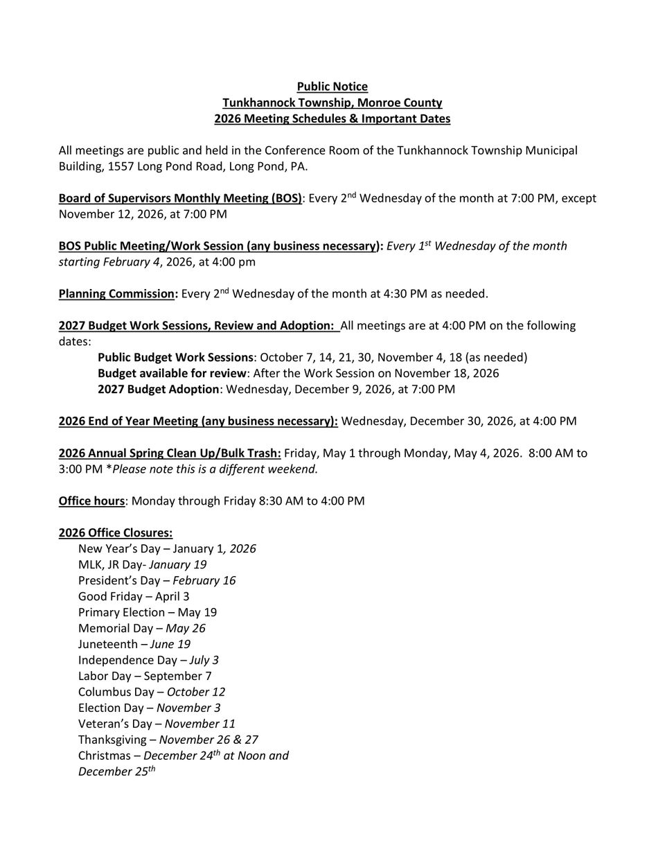 2026 meeting schedules