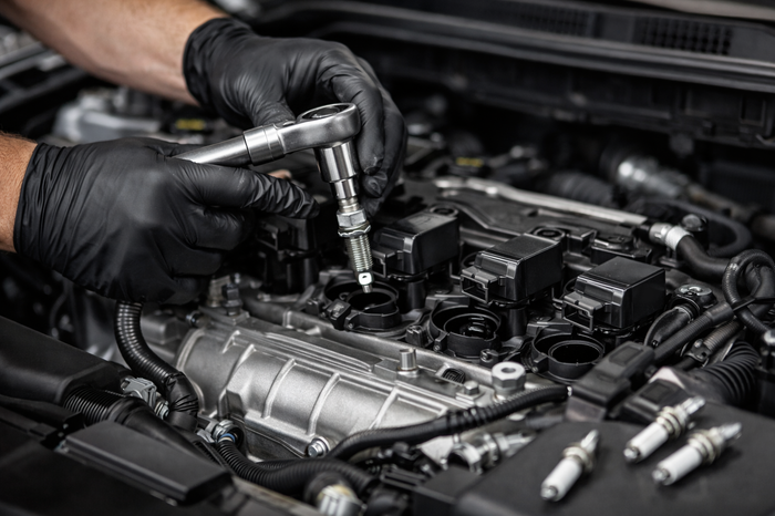 Close-up of a mechanic replacing a spark plug during a professional vehicle tune-up in Missouri City, TX