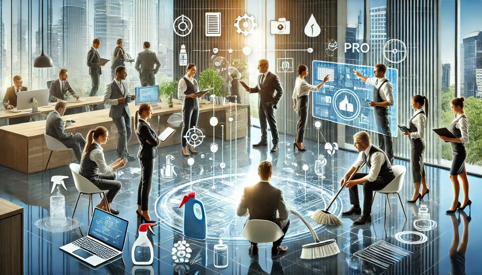 Dall·e 2024 07 17 18.54.50   a professional image depicting a diverse team of cleaning experts and consultants working collaboratively in a modern  clean  and well organized offic