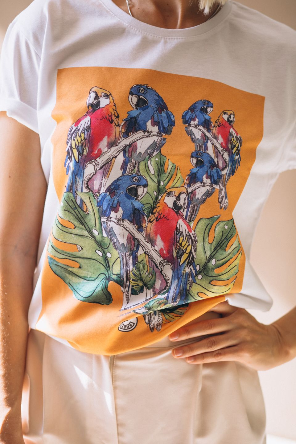 Screen printing t-shirt example using birds and florals