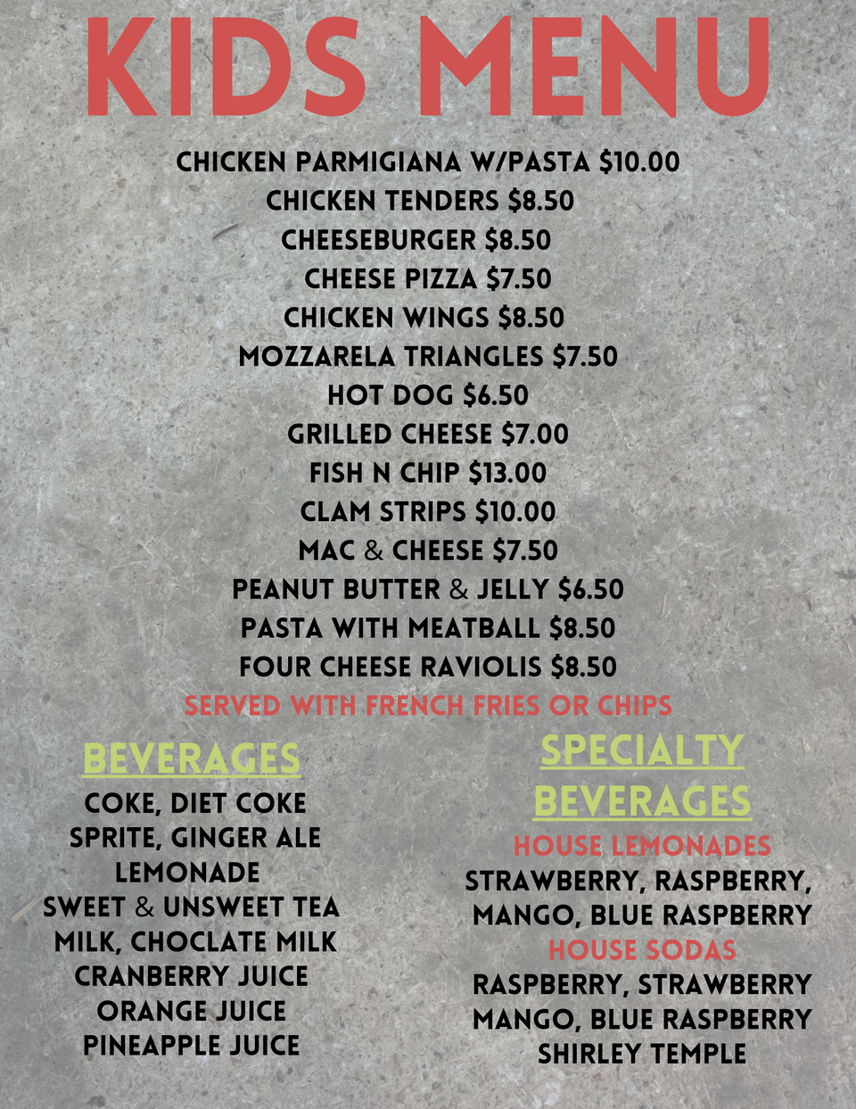 Kids menu
