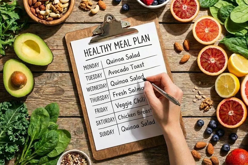 Clipboard with a weekly healthy meal plan surrounded by fresh ingredients like avocados, spinach, and nuts on a wooden table.