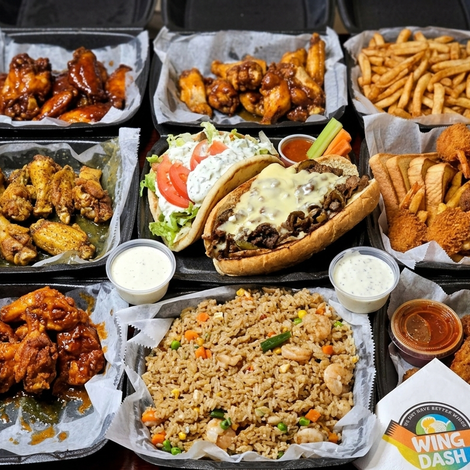 Assorted Wing Dash menu items including fried chicken, fried rice, seafood, fries, and wraps displayed in takeout containers from Wing Dash in Lewisville, Texas.