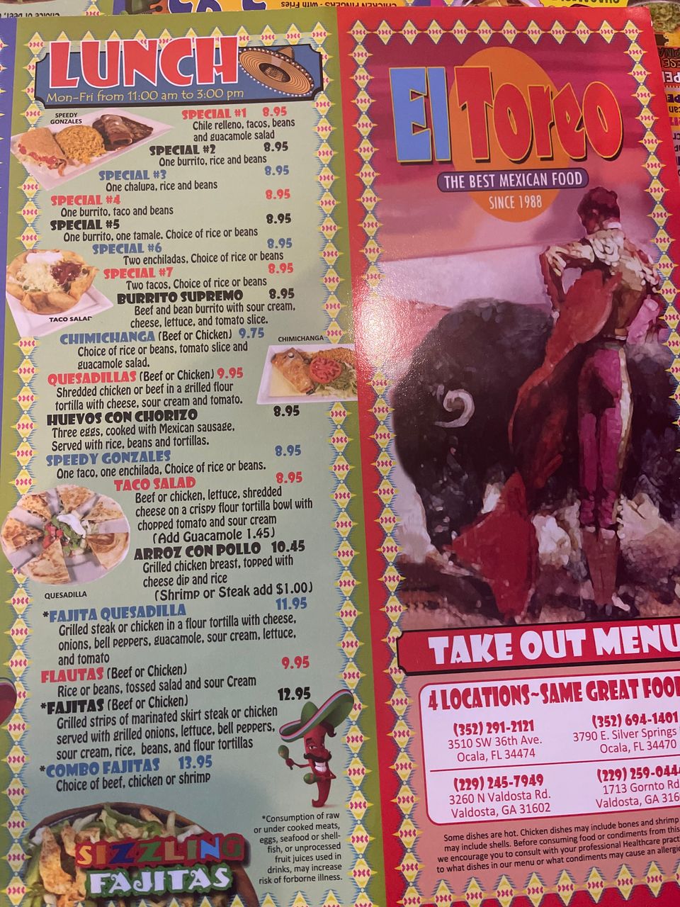 El toreo menu temporary photo lunch and take out