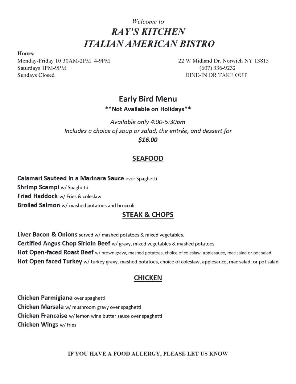 Early bird menu  page 1