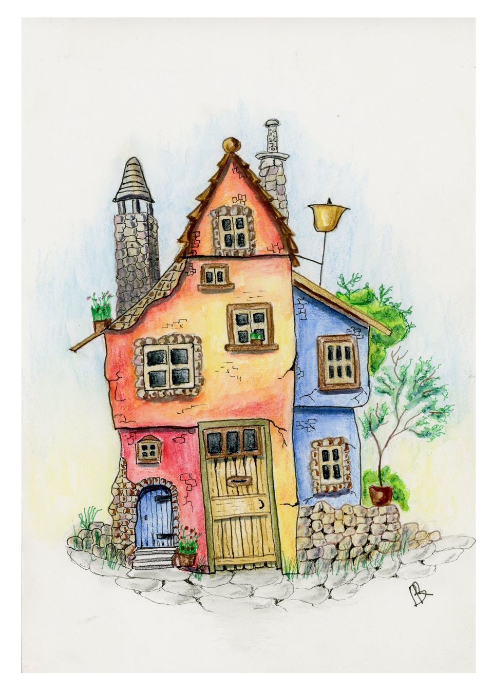 A colorful drawing of a house with a bird perched on the roof, showcasing vibrant hues and whimsical design.