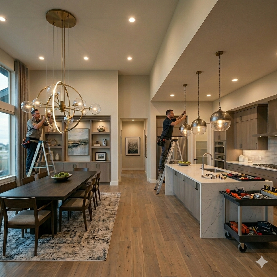 Two JC Electrical LLC technicians on ladders installing a large gold geometric chandelier and modern kitchen pendant lights in a Roseville home.