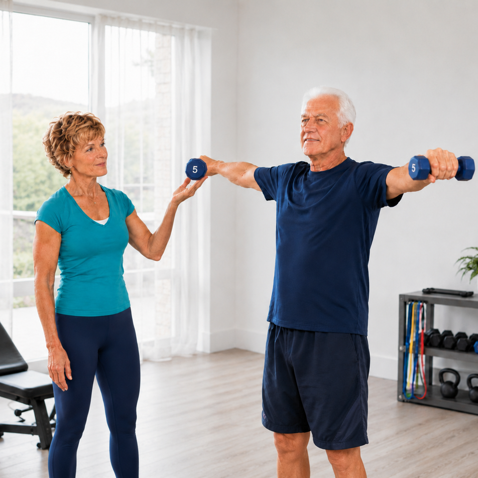 Personal trainer guiding an older man through a dumbbell strength training exercise