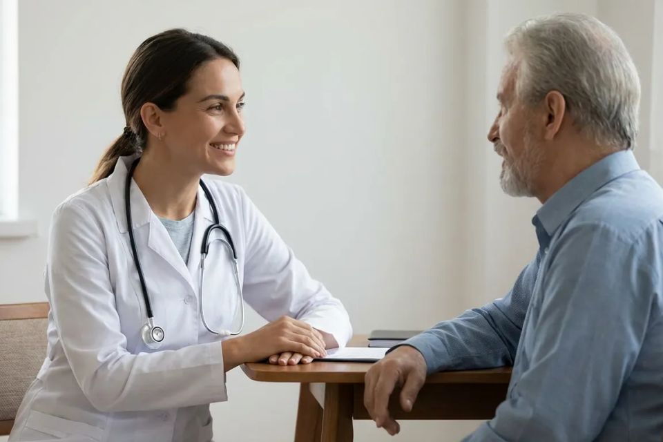 Smiling female doctor providing compassionate consultation to an elderly male patient in a private clinic setting.