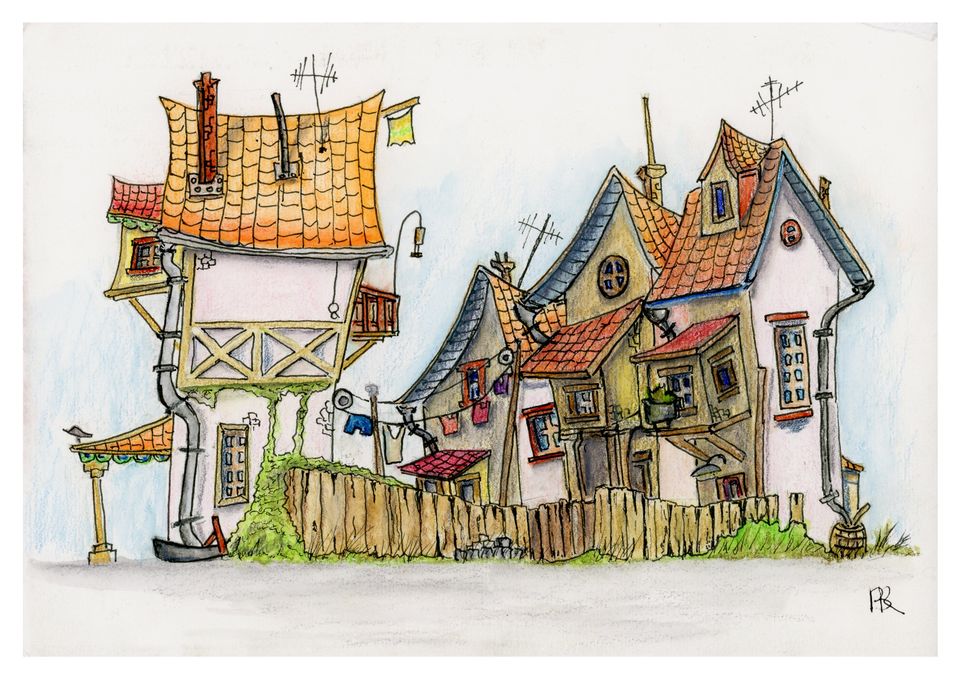 Whimsical illustration of quirky, crooked houses with vibrant orange and gray roofs, leaning against each other. A wooden fence and small greenery add charm.