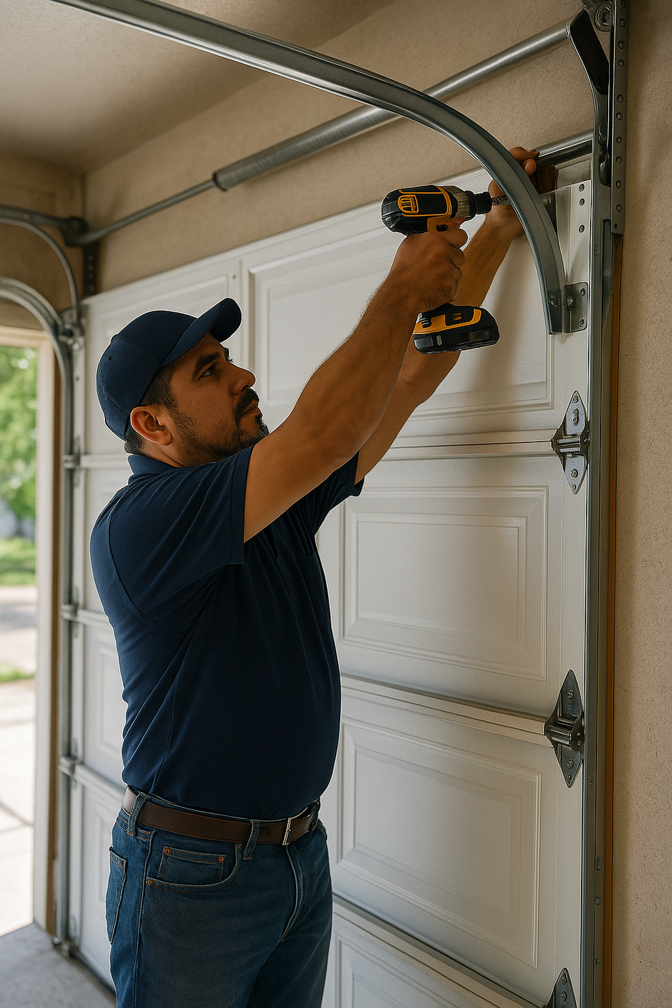 Garage door technician repairing a residential garage door for a Cypress, TX homeowner