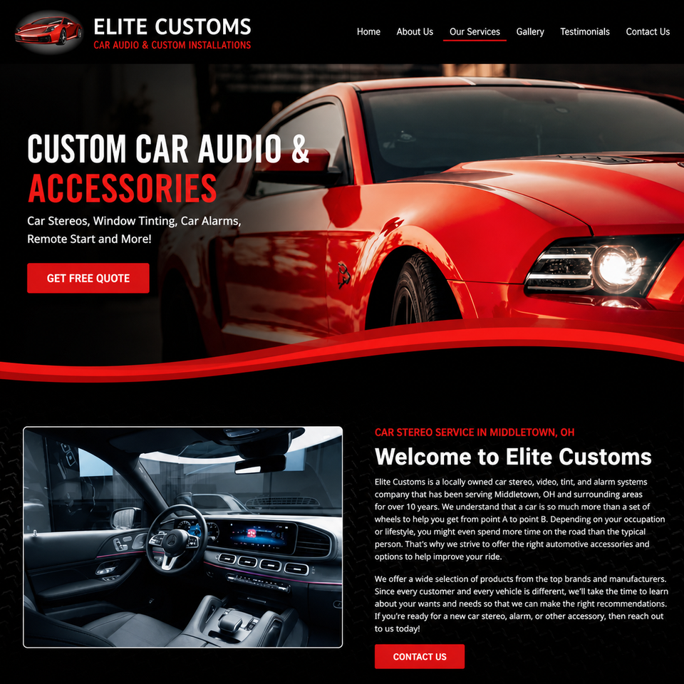 Elite Customs' website featuring a red car, custom car audio, and services like stereos, window tinting, car alarms, and remote start, with a "Get FREE Quote" button.