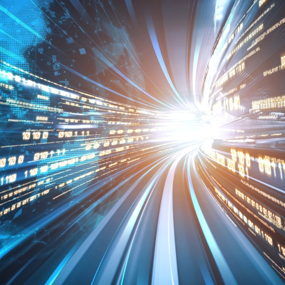 Digital data flow on road in concept of cyber global communication and coding with graphic creating vision of fast speed transfer to show agile digital transformation