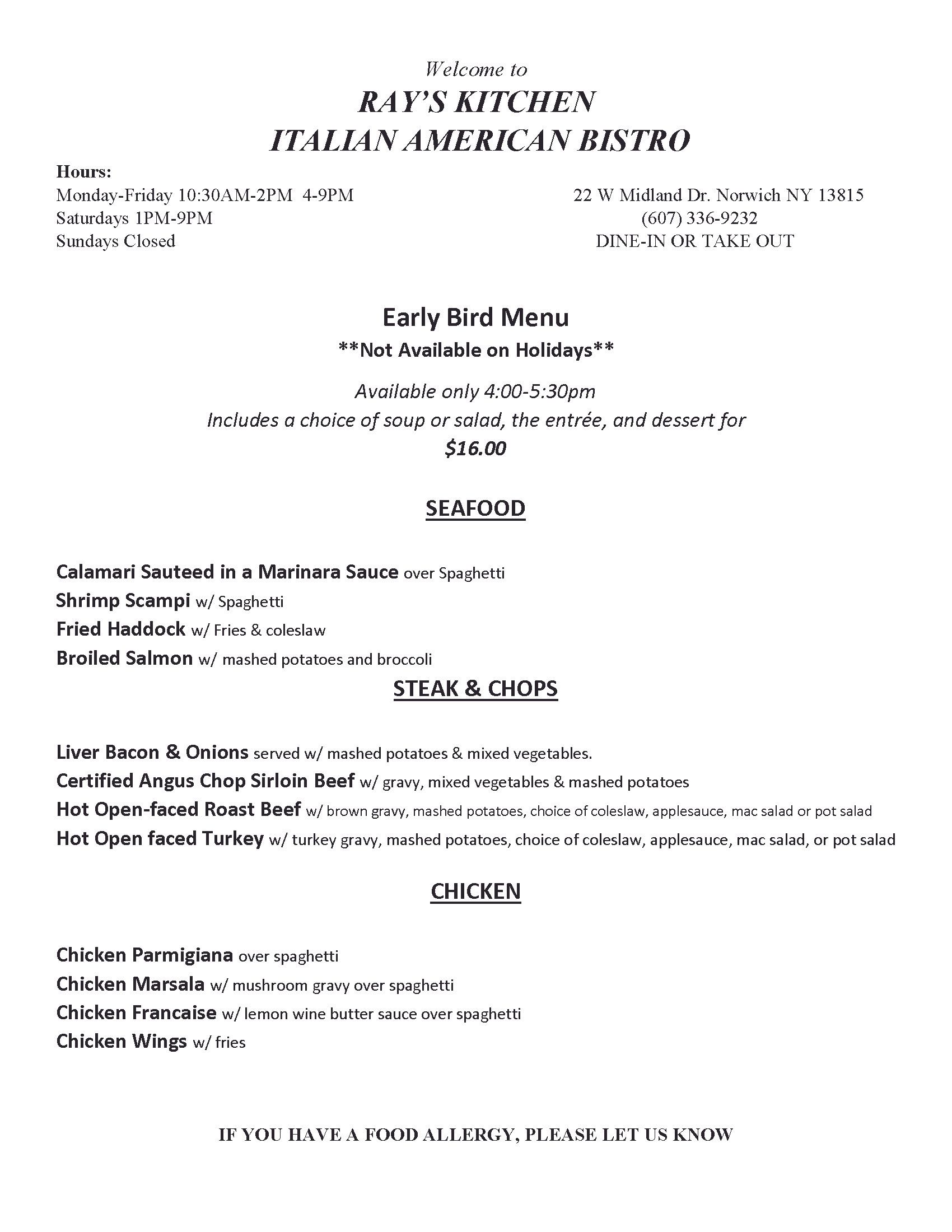 Ray's Kitchen- Italian American Bistro | Norwich, NY