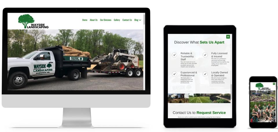 Wayside Landscaping website in Hampstead Maryland shown on desktop, tablet, and mobile with truck, trailer, and landscaping equipment for professional outdoor services.