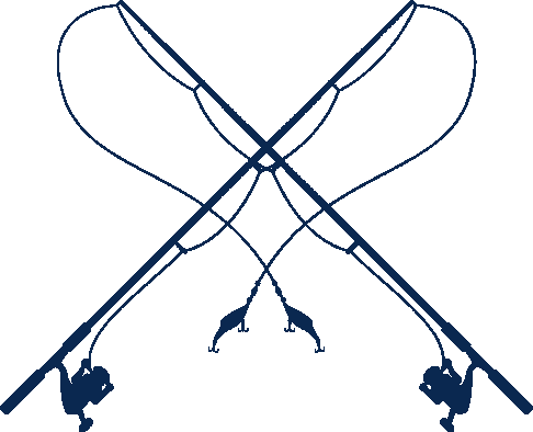 Silhouette of two crossed fishing rods with reels and lures forming a symmetrical design
