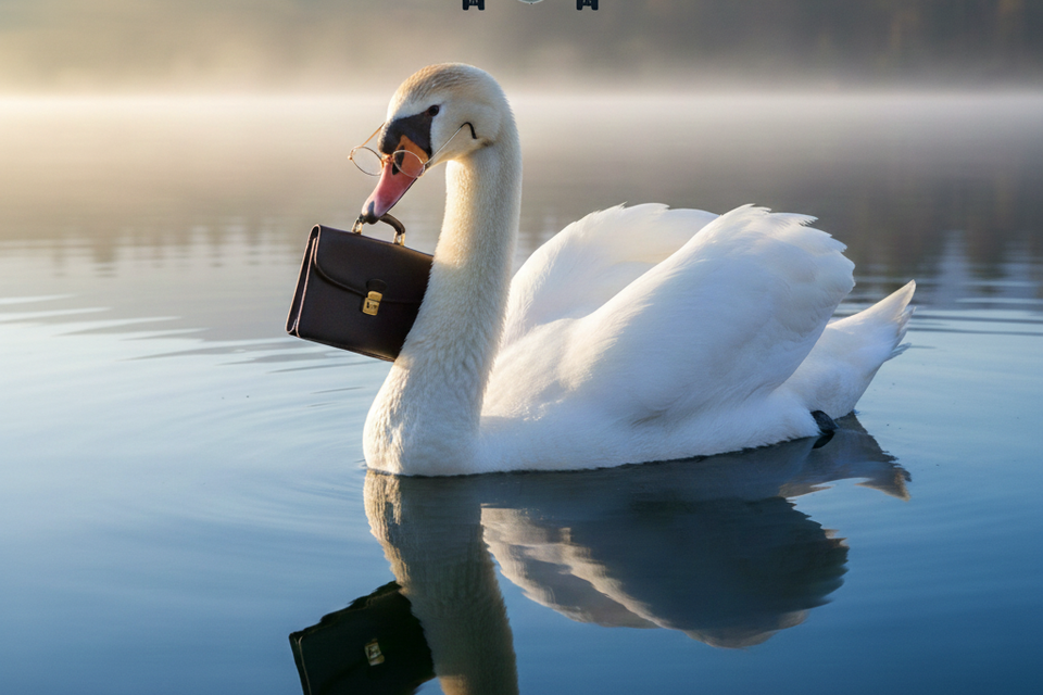 Swan mascot carrying a briefcase representing WebSwan Media Network digital marketing and web services.