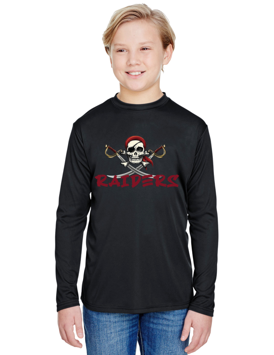 Youth model wearing a black long-sleeve performance shirt with a Raiders pirate skull and crossed swords graphic on the front.